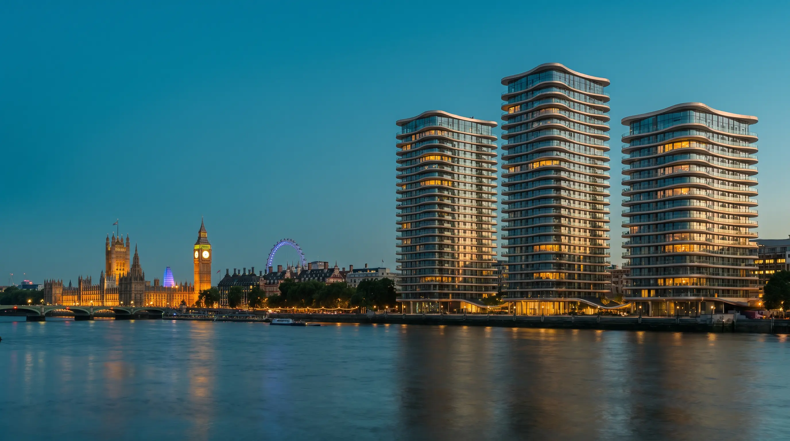 The Corniche — three sculpted riverside towers at blue hour, opposite the Houses of Parliament